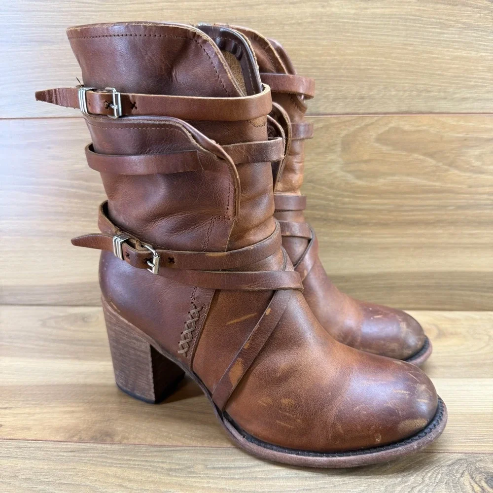 FREEBIRD Baker Mid Boot 9 Cognac Brown Leather Stacked Heel Festival Boho Zip